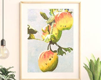 Könnte beinhalten: Ein gerahmter Kunstdruck mit einem Aquarellbild von drei Äpfeln, die an einem Zweig mit grünen Blättern hängen. Die Äpfel sind in Gelb-, Orange- und Rottönen gehalten und weisen dunkle Flecken auf ihrer Schale vor einem hellblauen Hintergrund auf.