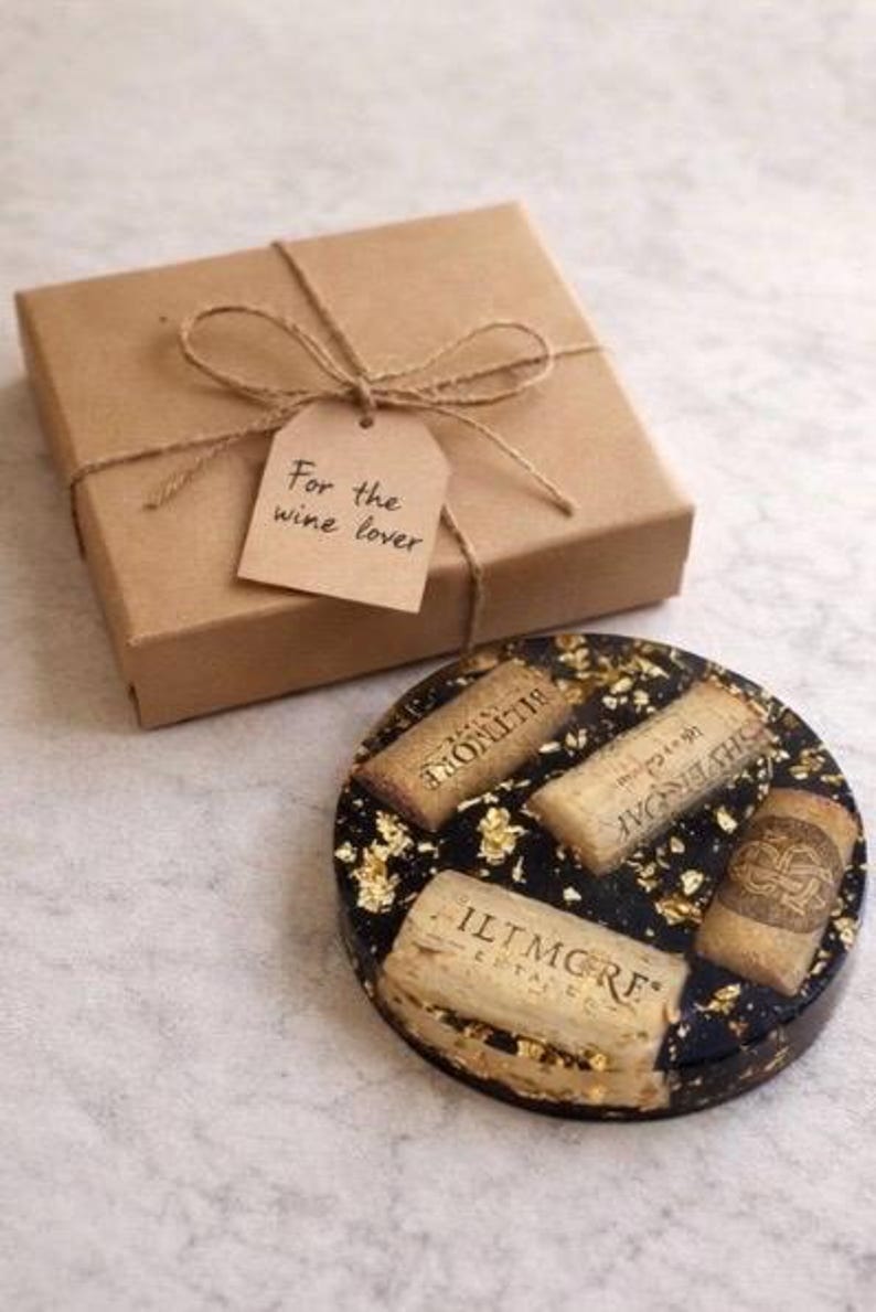 Handmade Wine Cork Resin Coaster with Gold Leaf, Eco Friendly Bar Decor, Wine Lover Gift, Rustic Luxe Home Accent image 4