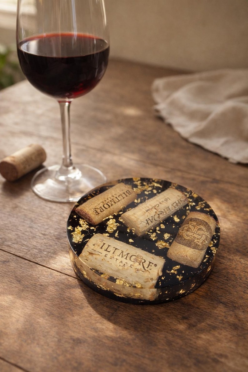 Handmade Wine Cork Resin Coaster with Gold Leaf, Eco Friendly Bar Decor, Wine Lover Gift, Rustic Luxe Home Accent image 10