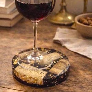 Handmade Wine Cork Resin Coaster with Gold Leaf, Eco Friendly Bar Decor, Wine Lover Gift, Rustic Luxe Home Accent image 2
