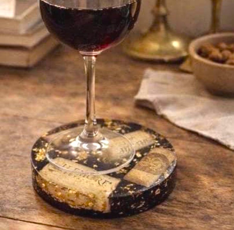 Handmade Wine Cork Resin Coaster with Gold Leaf, Eco Friendly Bar Decor, Wine Lover Gift, Rustic Luxe Home Accent image 2