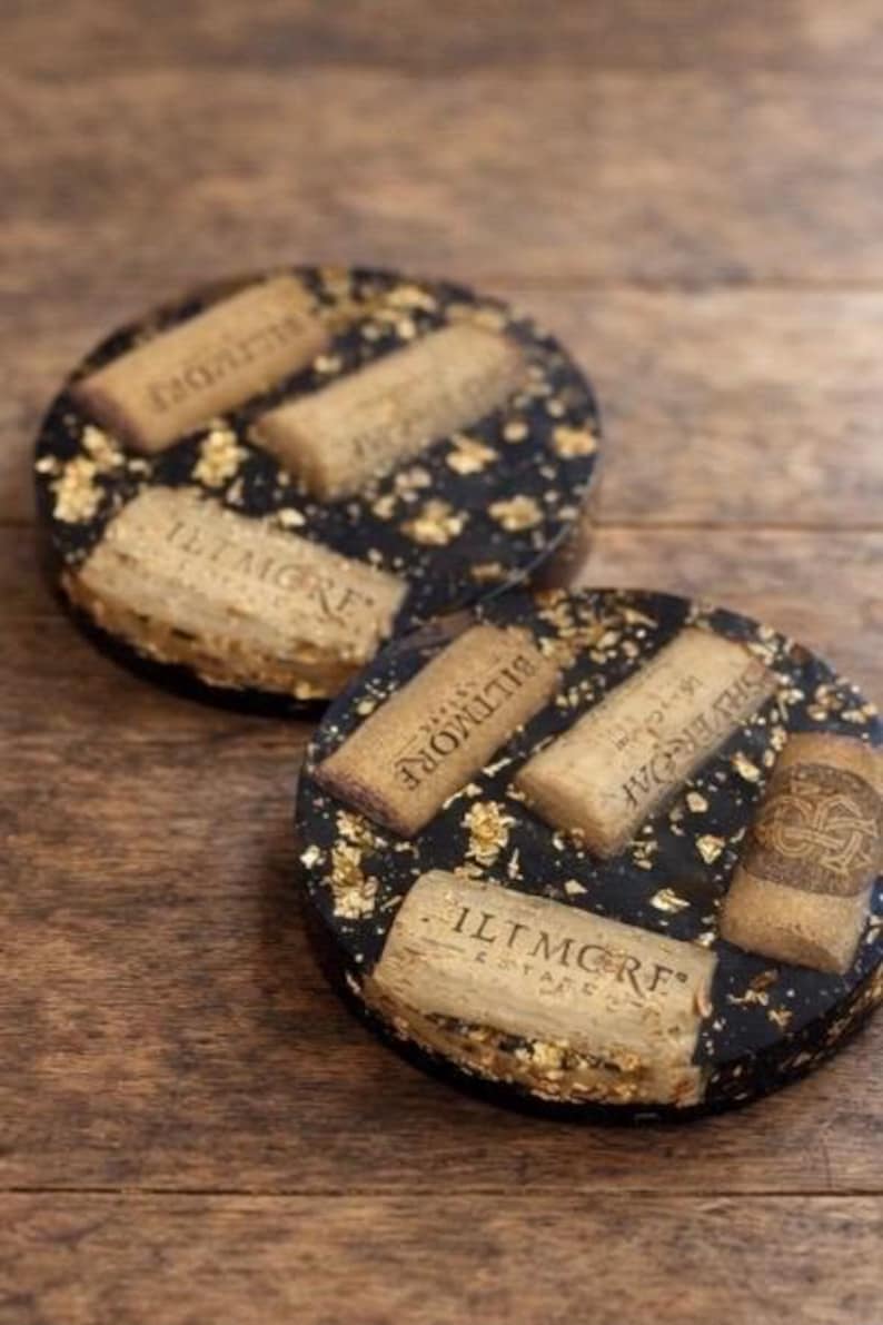 Handmade Wine Cork Resin Coaster with Gold Leaf, Eco Friendly Bar Decor, Wine Lover Gift, Rustic Luxe Home Accent image 3