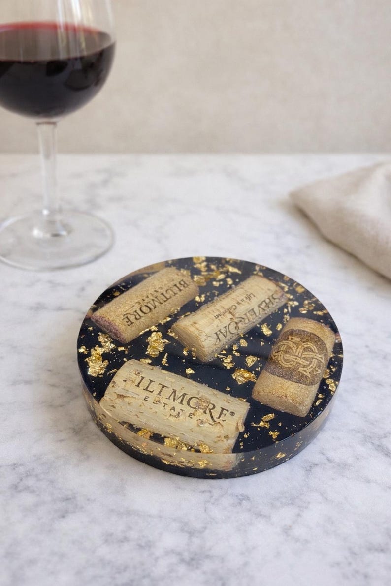 Handmade Wine Cork Resin Coaster with Gold Leaf, Eco Friendly Bar Decor, Wine Lover Gift, Rustic Luxe Home Accent image 6