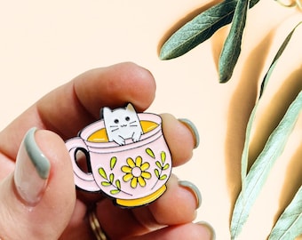 Kawaii Cat Teacup Enamel Pin, Animal Lover Gift