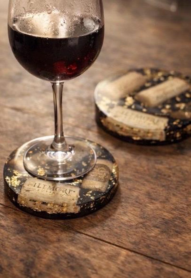 Handmade Wine Cork Resin Coaster with Gold Leaf, Eco Friendly Bar Decor, Wine Lover Gift, Rustic Luxe Home Accent image 12