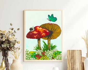 Cottagecore Mushroom Art Print – Whimsical Woodland Wall Decor, Nature Inspired Artwork