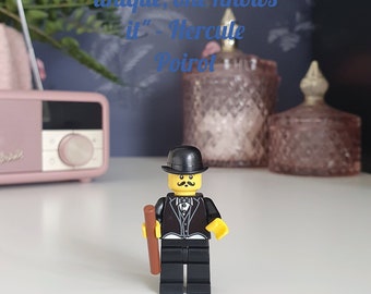 Agatha Christie's Poirot® Hercule Poirot® custom minifigure. Gift for book lovers gifts for writers Hercule Poirot keychain