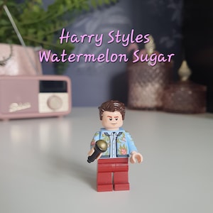 Puede incluir: Una figura de Lego de una persona que lleva una camisa azul con un estampado floral, pantalones rojos y sostiene un micrófono. La figura está de pie sobre una superficie blanca. El texto "Harry Styles Watermelon Sugar" está escrito en rosa sobre la figura.