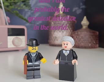 Set de minifiguras personalizadas de Agatha Christie y Poirot, regalo para escritores.