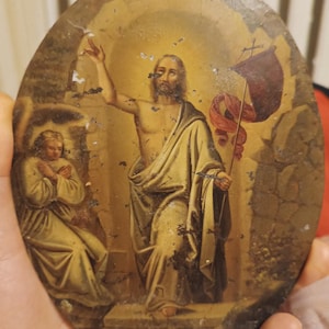 Resurrección de Jesucristo. Antiguo icono ortodoxo ruso pintado a mano del siglo XIX / Icono ruso del siglo XIX.