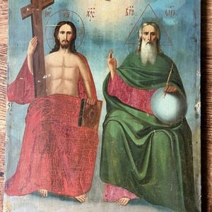 Heilige Dreifaltigkeit Antike russiche kyrillische handgemalte Ikone 19c. / Russische Ikone 19c. Großes Maß: 44 * 32 cm.