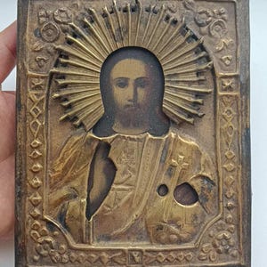 Jesus Christ Antique orthodox hand painted icon 19c in brass oklad