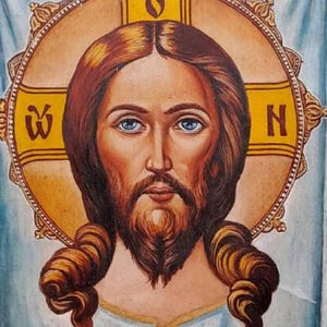 Moderne Ikone DIE MANDYLION auf Stoff gemalte Ikone / russische Ikone 20 c.