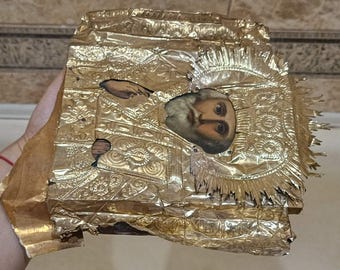 神の母アンティークロシア正教会手描きイコン、19 世紀。真鍮のオー