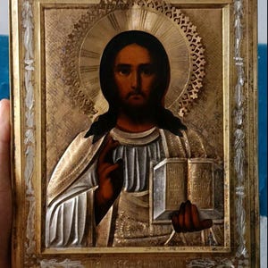 Jesus Christ Antique orthodox hand painted icon 19c in brass oklad