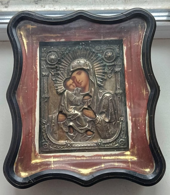 神の母アンティークロシア正教手描きイコン、19 世紀、青銅製、木製
