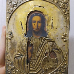 Jesus Christ Antique Russian orthodox hand painted icon 19c in brass oklad / Russian icon 19c.