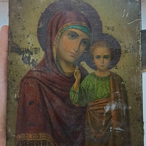 Mutter Gottes Antike russische kyrillische Metallikone 19 c. / Russische Ikone 19c.