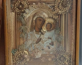 ロシア正教イコン the Mother of God アンティーク Mother of God Antique orthodox hand painted icon 19c. in wooden