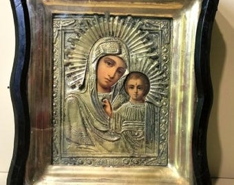神の母アンティークロシア正教会手描きイコン、19 世紀。真鍮のオー