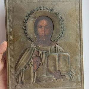 Jesus Christ Antique orthodox hand painted icon 19c in brass oklad