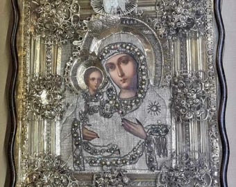 Mother of God Antique orthodox hand painted icon 19c. in wooden