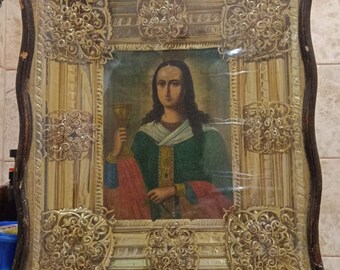 神の母アンティークロシア正教会手描きイコン、19 世紀。真鍮のオー