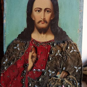 Jesus Christ Antique Russian orthodox hand painted on wood icon 19c. / Russian icon 19 c.