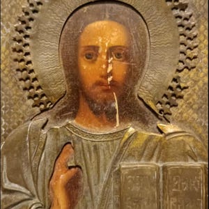 Jesus Christ Antique Russian orthodox hand painted on wood icon 19c. in brass oklad / Russian icon 19c.