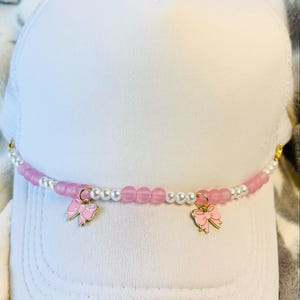 Beaded Hat Chain With Bow- Pink Glass Beads- Pearls- Pink Bows- Custom Trucker Hat Chains- Trucker Hats
