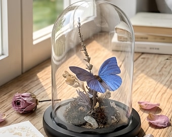Real Morpho Butterfly Glass Dome for Her, Preserved Blue Butterfly with Dried Flowers Decor, Mother’s Day Gift, Personalized Nature Wall Art