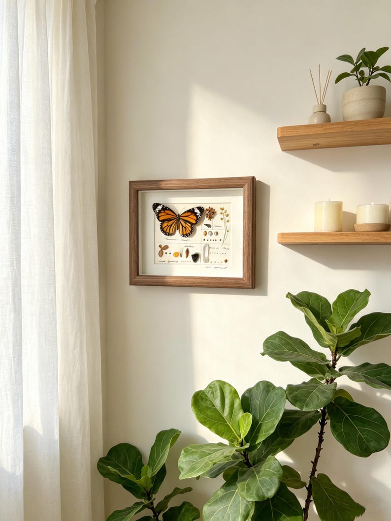 May include: A framed butterfly specimen with orange and black wings, displayed on a white background with botanical illustrations. The wooden frame hangs on a cream-colored wall, near wooden shelves with candles and a potted plant. A large green plant is in the foreground.