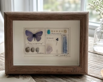 Gift for Mom, Personalized Butterfly Frame, Tiny Butterfly Specimen with Crystal & Shell, Handmade Nature Shadow Box, Mother’s Day Wall Art