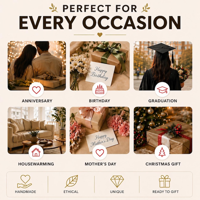 May include: A promotional graphic with the text "PERFECT FOR EVERY OCCASION" above six images. The images represent gifts for various events: anniversary, birthday, graduation, housewarming, Mother's Day, and Christmas. Icons for handmade, ethical, unique, and ready to gift are also included.
