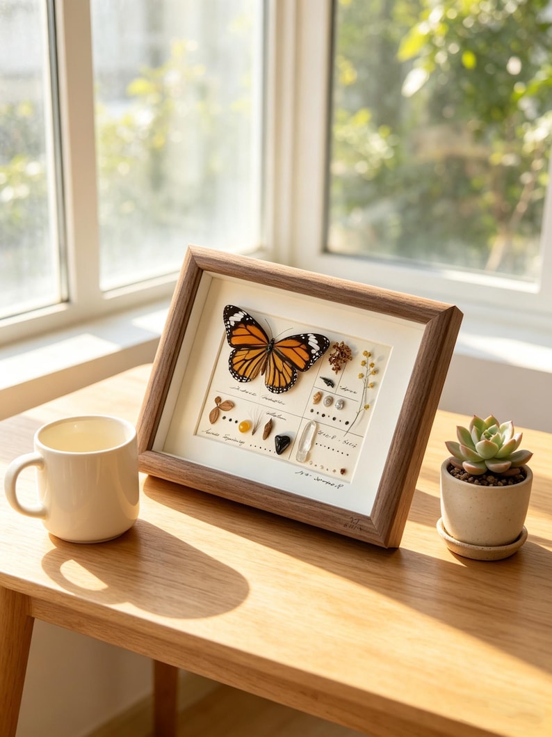 May include: A framed butterfly specimen with orange and black wings, displayed with other small natural elements. The wooden frame sits on a light-colored wooden table, next to a white mug and a small potted succulent.