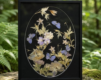 Purple Butterfly & Pressed Flower Frame – Real Butterfly Botanical Wall Art – Herbarium Nature Home Decor – Cottagecore Gift for Her