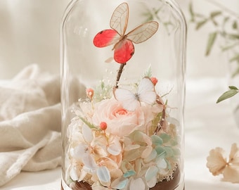 Pair Butterfly with Flower Music Box, Rotating Lighted Glass Dome Decor, Handmade Double Real Butterfly Display, Nature Gift, Romantic Art