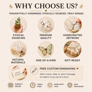 May include: An advertisement with the text "WHY CHOOSE US?" and various icons representing ethical sourcing, premium quality, handcrafted artwork, natural materials, one-of-a-kind, and gift-ready items. The image also includes text about free custom engraving.