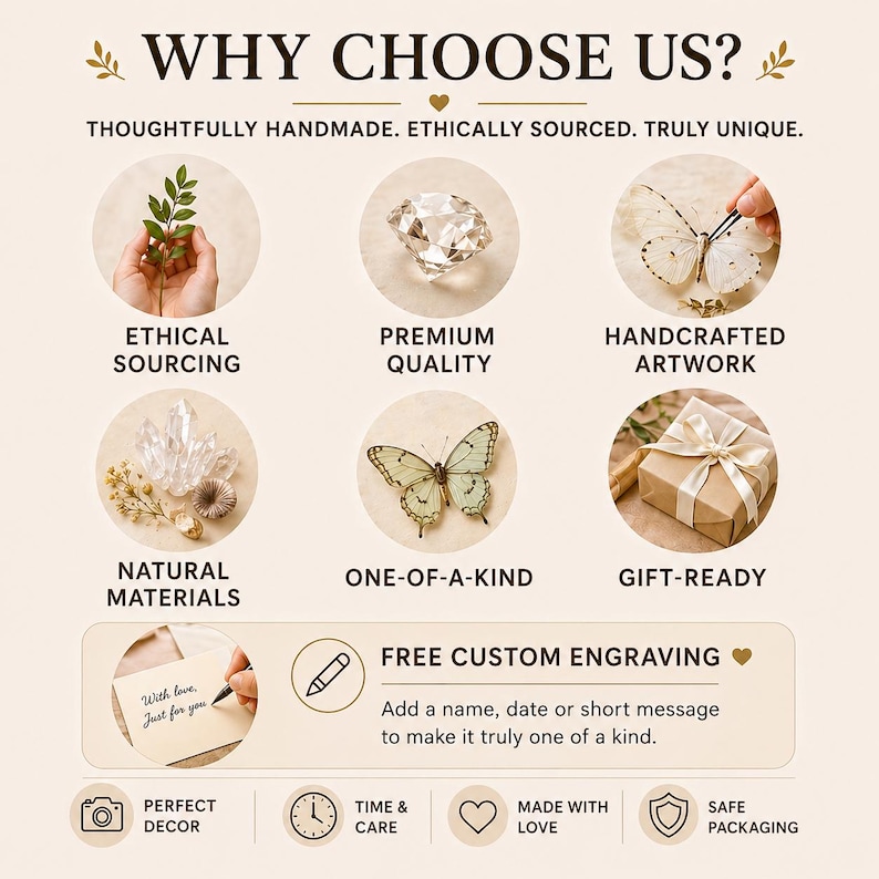 May include: An advertisement with the text "WHY CHOOSE US?" and various icons representing ethical sourcing, premium quality, handcrafted artwork, natural materials, one-of-a-kind, and gift-ready items. The image also includes text about free custom engraving.