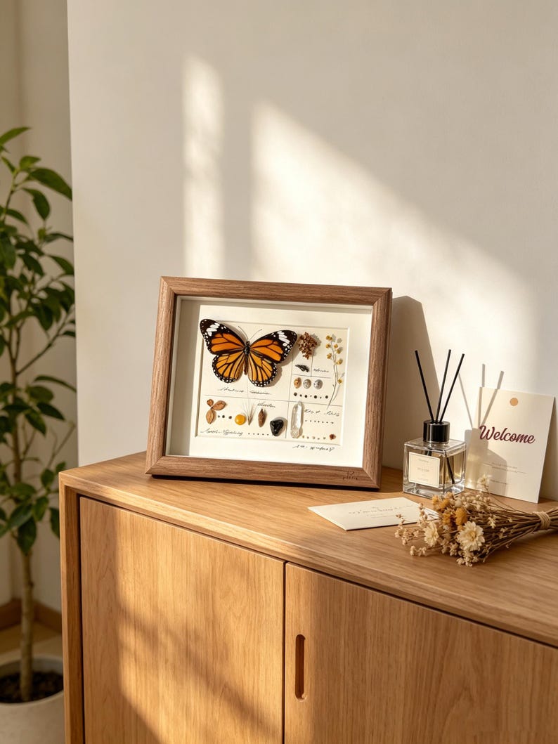 May include: A framed butterfly specimen with orange and black wings, displayed with botanical elements and scientific labels. The wooden frame sits on a wooden cabinet, alongside a welcome card and a fragrance diffuser.
