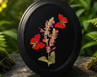Marco con ejemplares prensados ​​de mariposas rojas, arte mural con ejemplares reales de mariposas, marco ovalado de madera, decoración natural, obra de arte botánica hecha a mano.