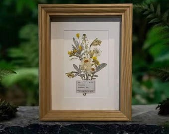 Cuadro decorativo de pared con ramo de flores botánicas prensadas, muestrario de flores secas naturales, decoración del hogar inspirada en la naturaleza, regalo personalizado con texto para ella.