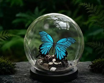 Elegante regalo para ella o para él: auténtica mariposa Morpho en cúpula de cristal • Lujosa decoración inspirada en la naturaleza • Obra de arte artesanal