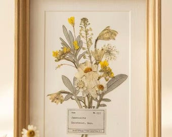 Pressed Botanical Flower Bouquet Frame Wall Art, Real Dried Flowers Specimen Display, Nature Inspired Home Decor, Custom Text Gift for Her