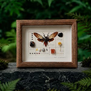 May include: A framed display featuring a central brown and orange cicada specimen surrounded by various small polished stones, a dried yellow flower, and handwritten script on a white mat board, all enclosed in a textured brown wooden frame.