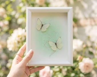 White Butterfly Shadow Box Wall Art, Handmade Dual Specimen Frame, Mint Green Nature Display, Romantic Spring Gift, Minimalist Home Decor