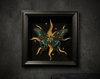 Gothic Real Butterfly Wall Art, Papilio Maackii Gold Foil Shadow Box, Handmade Butterfly Frame Decor, 7x7 Curiosity Dark Romantic Gift