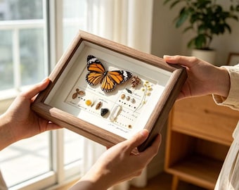 Monarch Butterfly Specimen Art Frame, Gifts for Mother's Day, Nature Shadow Box with Custom Engraving Service, Meaningful Home Decor for Her