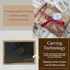 May include: A wooden framed display case with a black backing and a stand. The image also shows a wrapped package with a red ribbon and the text "Providing exquisite packaging, suitable for gifting or personal collection."