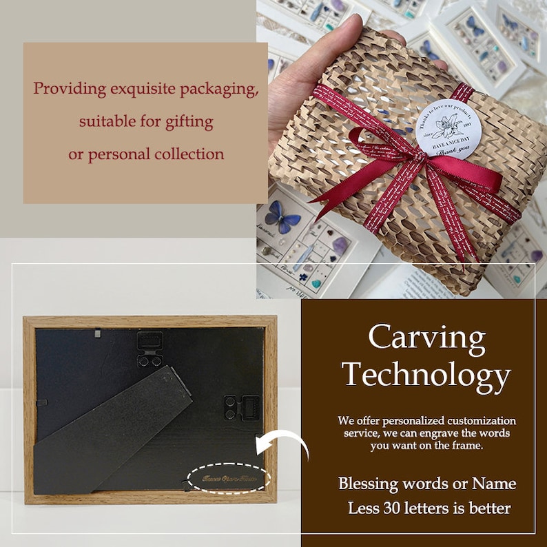 May include: A wooden framed display case with a black backing and a stand. The image also shows a wrapped package with a red ribbon and the text "Providing exquisite packaging, suitable for gifting or personal collection."